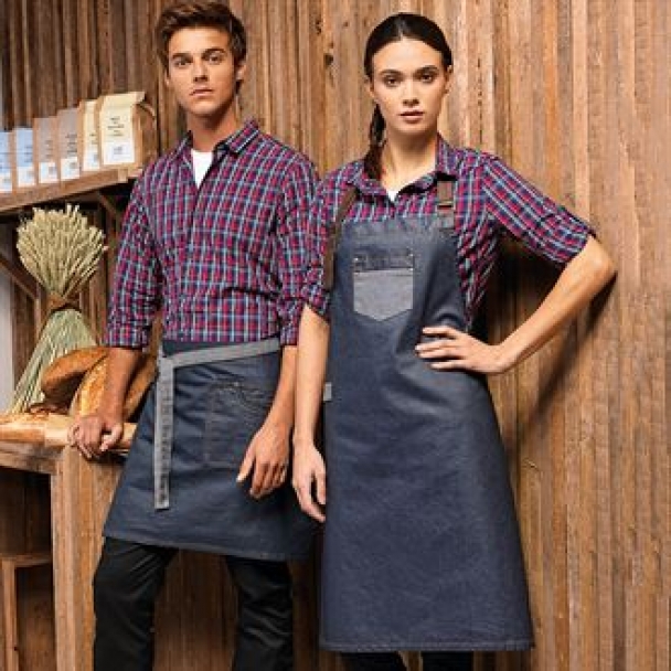 Division waxed-look denim bib apron with faux leather