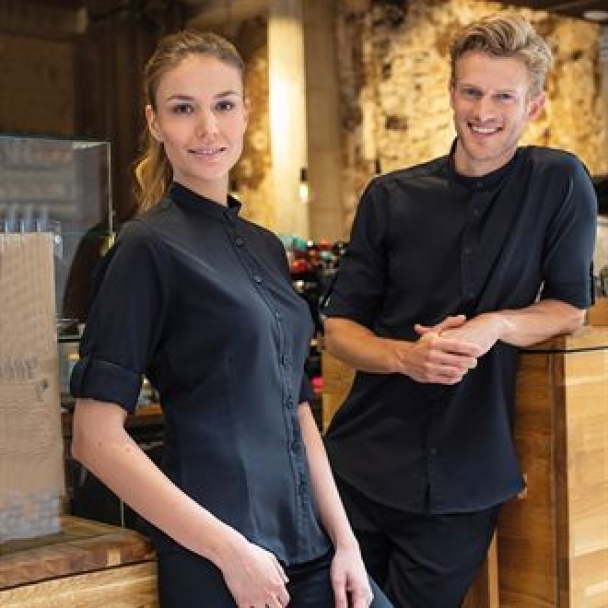 Women's Mandarin shirt with roll-tab sleeve